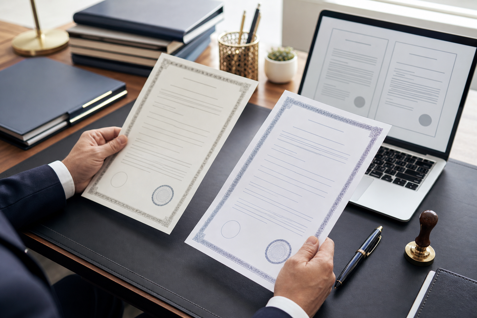 Profissional conferindo certidões para tradução juramentada e Apostila da Haia